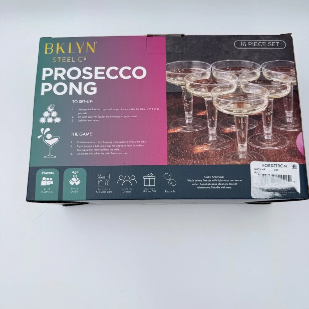 BKLYN Steel Co Prosecco Pong Set‎ 16pc Coupe Glass Party Game NEW